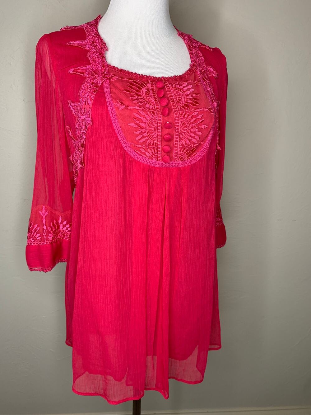 Pink Vintage Babydoll Top Crinkle Chiffon Sz Medium